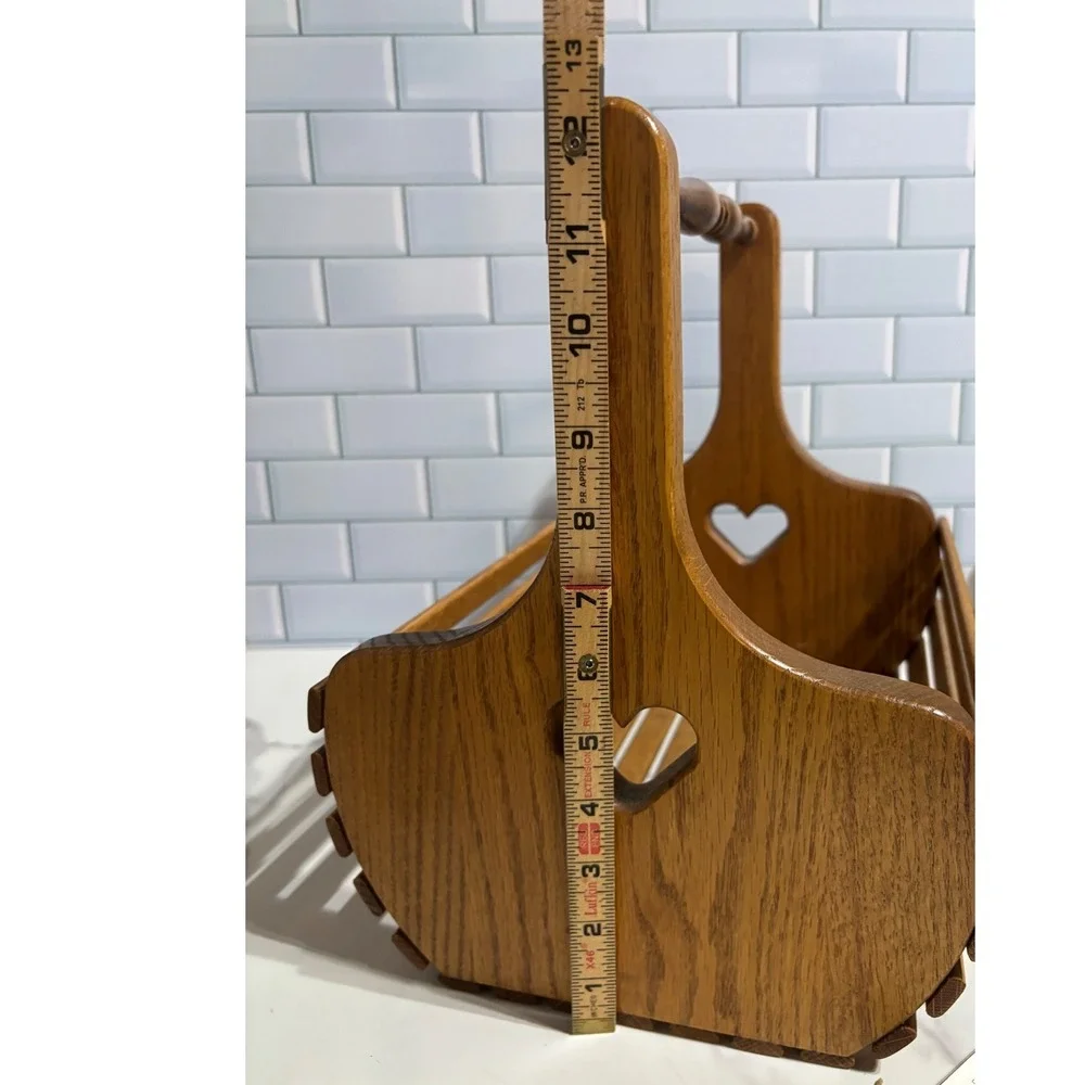 Vintage Oak Wood Slatted Basket Heart Cutouts Spindle Handle Farmhouse Cottage